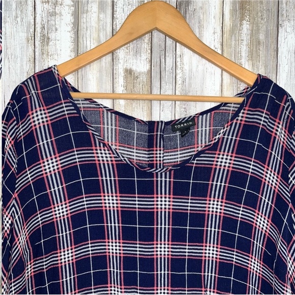 Torrid Harper Georgette Pullover Flutter Blouse in blue, pink, and white plaid - Picture 4 of 6